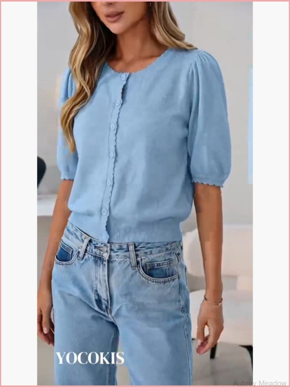 Puff Short Sleeve Cardigan Lightweight Button Down Knit Sweater Top - Picture 7 of 7